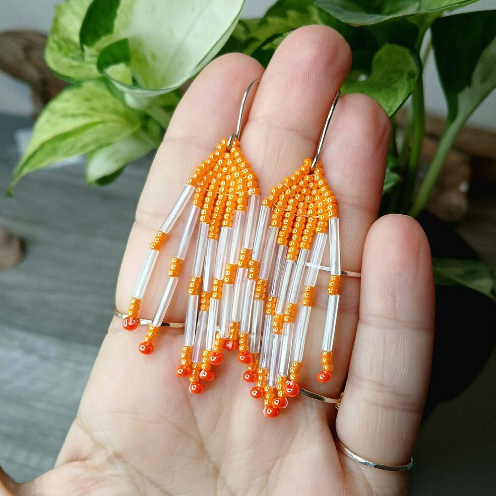 BOGO EARRINGS Orange Beaded Fringe Dangle Earrings, 2.75"